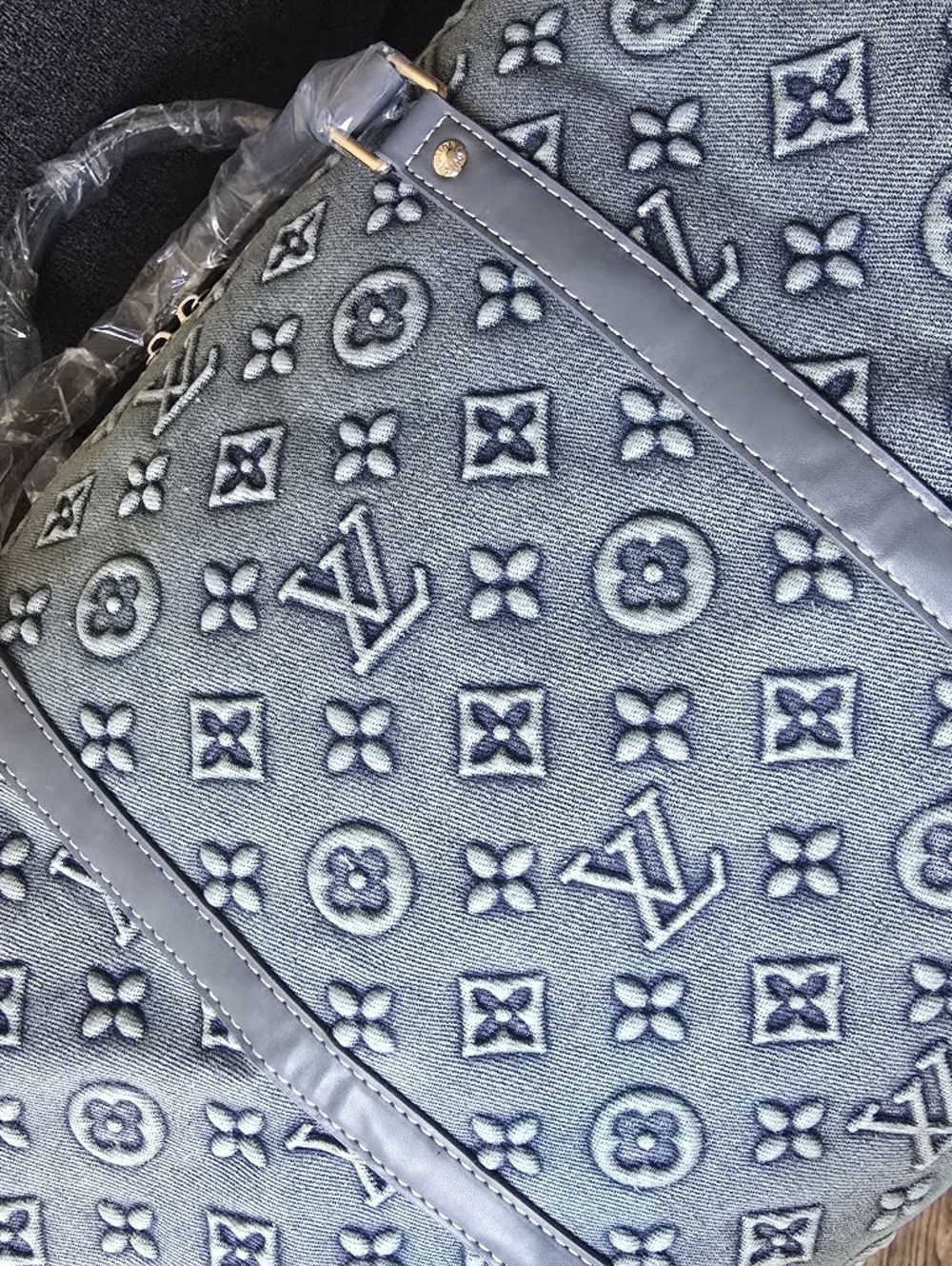 Cotton Denim Design All Kept 50 Traveler Embo Monogram Stonewashed Delux Duffel - Picture 2 of 16